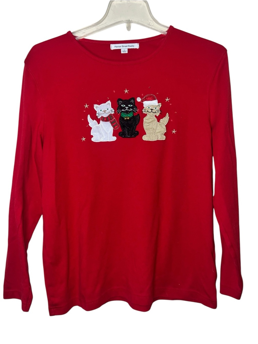 Mercer Street Studio Vintage Christmas Cats Red Long Sleeved Shirt Size Large